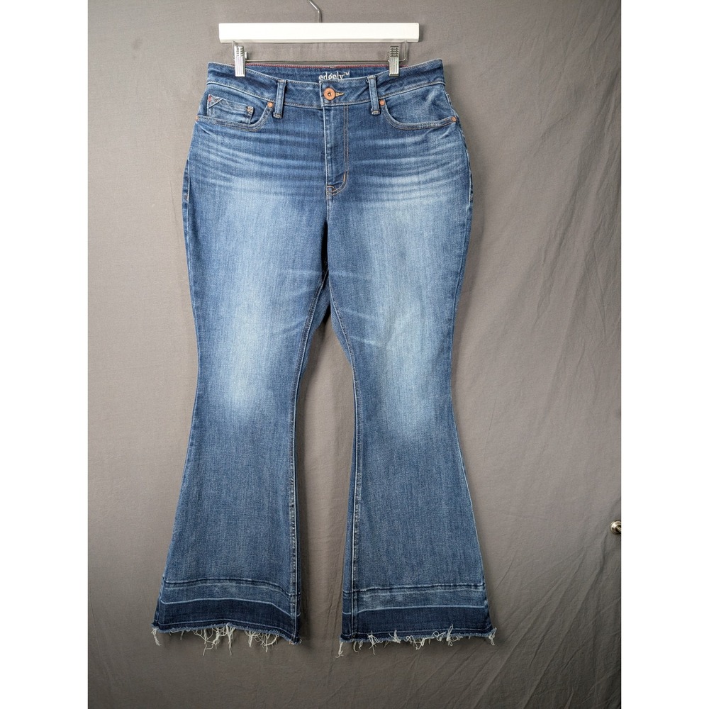 Edgely Womens Flare Jeans Blue Raw‎ Hem Mid Rise Stretch Denim 14 REG